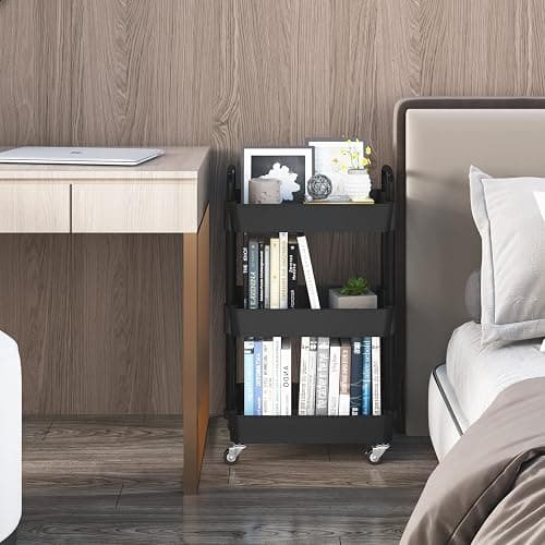 UDEAR 3-Tier Kitchen Rolling Utility Cart,Multifunction Storage Organizer with Handle and 2 Lockable Wheels for Kitchen,Bathroom,Living Room,Office,Black thumbnail 4