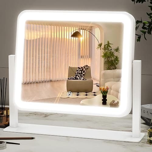 ROLOVE 14"x12"Vanity Mirror, Lighted Makeup Mirror for Vanity Desk, Smart Touch Control, 360° Rotation, 3-Color Modes, Gifts for Women, Bedroom, White - Image 1