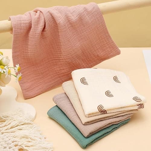GSrenyu 5 Pack Muslin Squares Baby Muslin Cloths Burp Cloths - Natural Cotton Wipes, Essentials for Newborn Wiping, Bathing, Feeding - White,pink,blue,dark Pink,brown thumbnail 2