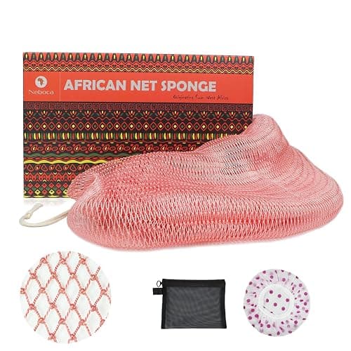 NEBOCA African Net Sponge Authentic African Exfoliating Net Sponge with Knots Real Sapo Sponge with Handles Afro Scrub Net Bath Cloth for Shower (Pink) - Image 1