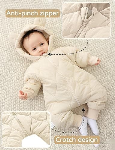 Happy Cherry Baby Newborn Snowsuit Winter Coat Romper for Infant Girls Boy Zipper Long Sleeve Cute Baby Snowsuit - 3-6 months - White thumbnail 3