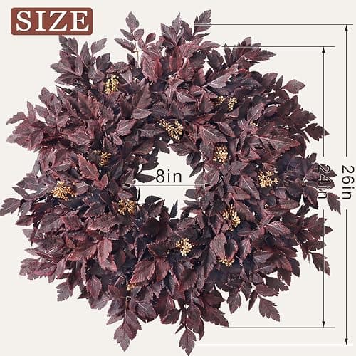 26" Artificial Cimicifuga Fall Wreath for Halloween Front Door(Dark Purple) | Realistic Large Fake Cimicifuga Leaf,Lush Faux Halloween Wreath,for Window Front Porch Outdoor Farmhouse Autumn Home Decor thumbnail 3