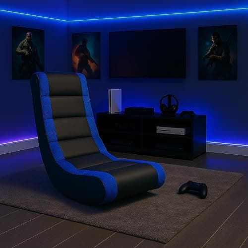 The Crew Furniture Classic Video Rocker Gaming Chair, for Kids and Teens, PU Faux Leather & Polyester Mesh, Black/Blue thumbnail 2