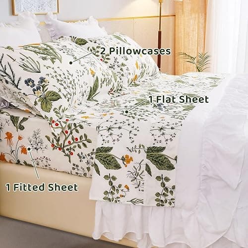 QSH 100% Cotton Sheets for King Size Bed, Yellow Flowers Plant Pattern Botanical Luxury Cotton Printed Floral Bedding King Size Sheet with Deep Pockets 17" Soft and Breathable 4pcs thumbnail 5