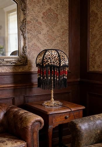 Rynbble Vintage Leopard Print Table Lamp with Black Tassels & Red Beads, Victorian Style Nightstand Lamp, Gold Brass Base, Retro Bohemian Accent Light for Bedroom, Living Room, Home Office thumbnail 6