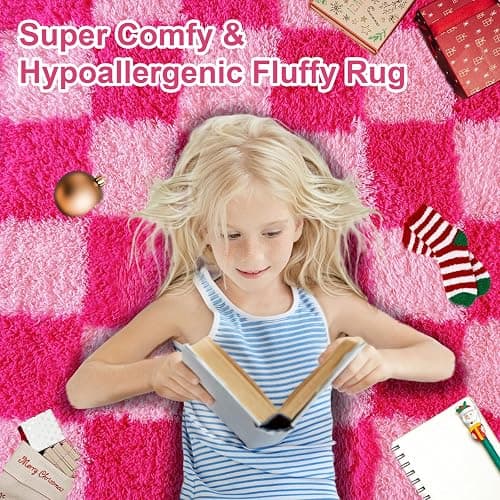 KOGSA 6x9 Fluffy Fuzzy Area Rug for Living Room Bedroom, Hot Pink Checkered | Ultra Soft Large Living Room Rugs, Non Slip Thick Shag Rug for Dorm, Kids Girls Boys Rug for Home Decor Aesthetic thumbnail 5