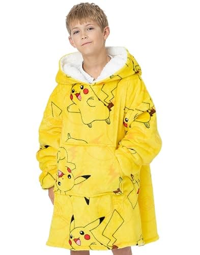 Pokemon Kids Blanket Hoodie Oversized Double Lined Sherpa Fleece Yellow Or Red - Image 1