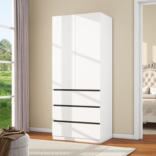 LABROSKIA Wooden Wardrobe Closet with 2 Doors: 75" Bedroom Armoire Wardrobe Closet with 3 Drawers, White Cabinet with Hanging Shelves, Large Storage Cabinet (Modern, 1) thumbnail 8