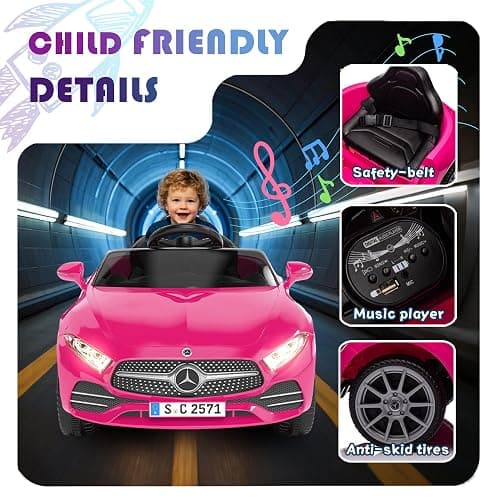 Fillfulfun Licensed Mercedes-Benz CLS 350 12V Ride On Car Truck for Kids, Ride on Toys for Toddlers w/Parent Control, Spring Suspension, Power Wheels for Girls w/Bluetooth, Music, LED Lights (Pink) thumbnail 4