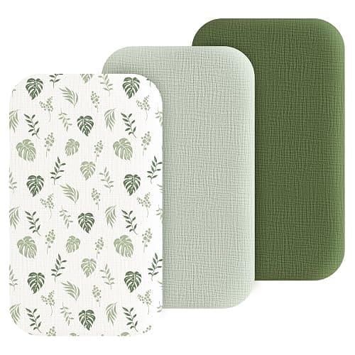 Coreeky Muslin Bedside Sleeper Bassinet Fitted Sheets, 3 Pack Cotton Baby Sheet for Boys & Girls, Soft, Compatible with Baby Delight, Dream On Me, AMKE and Other Rectangle Mattress (Leaf Green) - Image 1