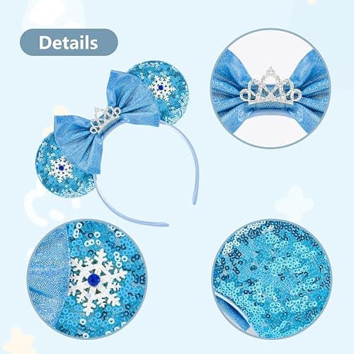 LYLIN Mouse Ears Headband, Blue Mouse Ears for Women Girls Adult, Sequin Princess Headband Park Ears for Christmas Party Cosplay Costumes Accessories (Snowflake) thumbnail 4