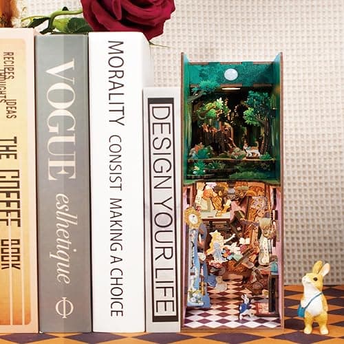 Tonecheer DIY Book Nook Kit for Adults,3D Wooden Puzzle Bookend Bookshelf Insert Library Decor, Booknook Miniature House Kit with Body Motion Sensor LED Light (Alice in Wonderland) thumbnail 8