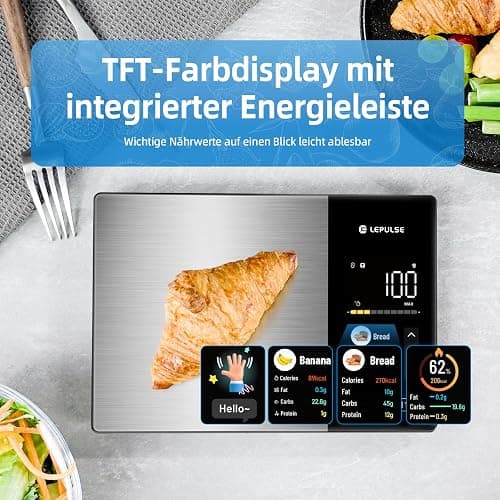 Digitale Küchenwaage mit Nährwertberechnung, Lebensmittelwaage mit 24 Nährwertanalyse, 5kg Edelstahl-Ernährungswaage, TFT Farbdisplay, 50 Offline & unbegrenzte Kalorienanalyse per App, Tara Funktion thumbnail 2