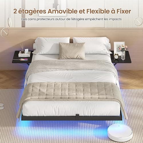 AOGLLATI Lit 2 Personnes avec 2 Étagères de Chevet,Cadre de Lit avec 140 x 190 avec Sommier Métal,Multiprise et Éclairage LED, 24 CM de Rangement pour Chambre, Noir thumbnail 8