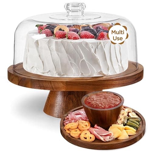 HBlife Cake Stand with Lid (11.4"), Multifunctional Cake Stand with Acrylic Dome, Acacia Wood 6-in-1 Cake Plate Display Stand with Cover for Baking Gifts, Birthday Kitchen Parties, Weddings - Image 1