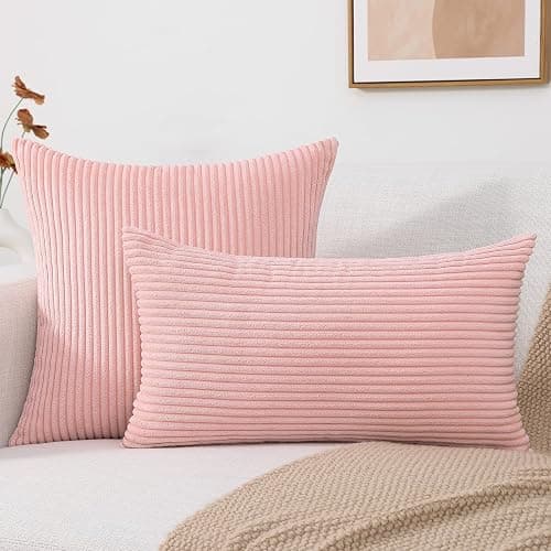 Mecatny Corduroy Decorative Throw Pillow Covers 18x18 Set of 2 for Sofa Bedroom Living Room, Stylish Soft Couch Pillow Covers for Home Decor, Pink - 18" x 18" (Pack of 2) - Pink thumbnail 2