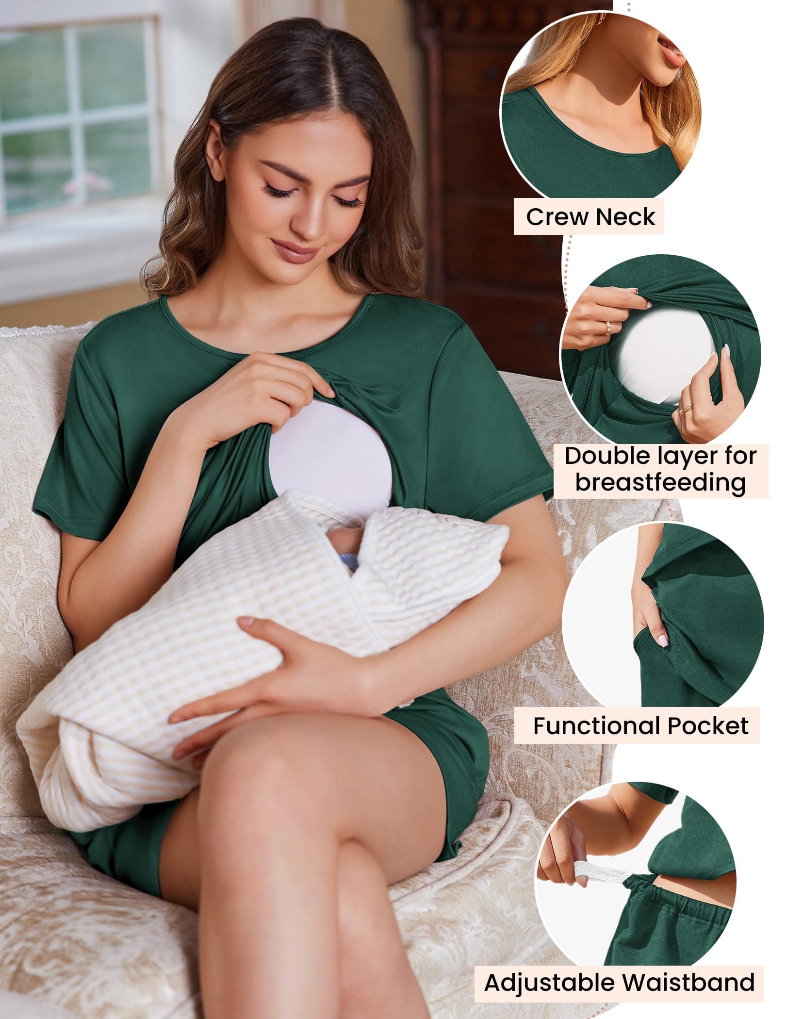 Ekouaer - Juego de 2 pijamas de lactancia para mujer, conjunto de pijama de maternidad de doble capa, conjunto de ropa de descanso posparto, camisetas y pantalones cortos para lactancia materna thumbnail 2