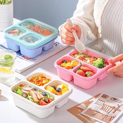 Bento Box For Kids, 4 Pack 3 Compartments Meal Prep Containers Reusable Lunch Containers, Food Storage Containers With Lids, Stackable Snack Boxes for School, Work, and Travel thumbnail 6