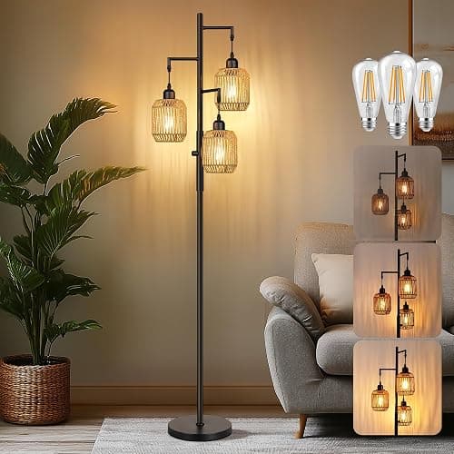 ROTTOGOON Dimmable Boho Floor Lamp - 3 Light Farmhouse Rattan Floor Lamp for Living Room, Industrial Tree Floor Lamps with 3 X 6W LED Bulbs, Rustic Standing Tall Lamp for Bedroom, Office, 68", Black - Image 1