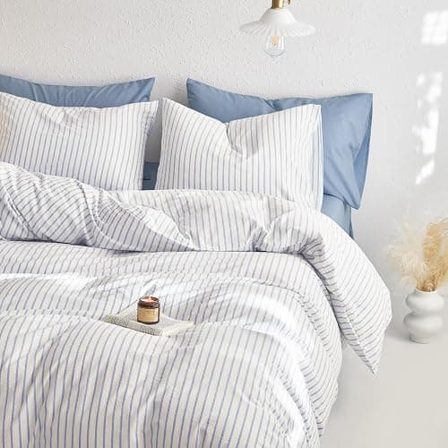 Wake In Cloud - Striped Cotton Duvet Cover Set, Ticking Stripe Vertical Pinstripe Farmhouse, 100% Washed Cotton Textured Percale Bedding Set, 3 Pieces, Blue White, Twin Size - Image 1