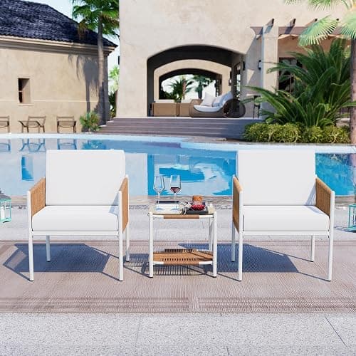Shintenchi 3 Pieces Patio Furniture Set,Outdoor Patio Furniture Wicker Rattan Conversation Set,Including 2 Single Chairs with Cushion and Glass Coffee Table for Backyard,Balcony,Poolside(Beige) - 3 Pcs/Beige thumbnail 6