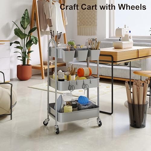 3 Tier Gray Metal Rolling Cart, Mesh Storage Cart with Handle and Lockable Wheels, Multifunctional Three Tiered Utility Organizer Carts for Kitchen, Office, Bathroom, Craft, Art, Snack, Baby Supplies thumbnail 7