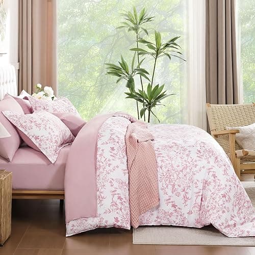 WONGS BEDDING King Size Comforter Set, 8 Pieces Pink Floral Bed in a Bag Comforter Sets, Botanical Print Soft Fluffy Microfiber Complete Bedding Sets for All Season (90"x104") thumbnail 9