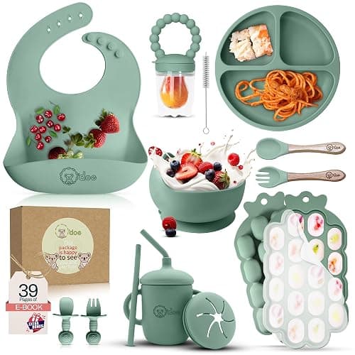 O'doe™ Baby Weaning Set – 15 Pcs Silicone Baby Feeding Set with Suction Plate, Bowl, Bib, Sippy Cup, Fruit Feeder & Freezer Tray – Baby Plates and Bowls Set for 3M+ | BPA-Free Baby Dishes & Utensils - Image 1