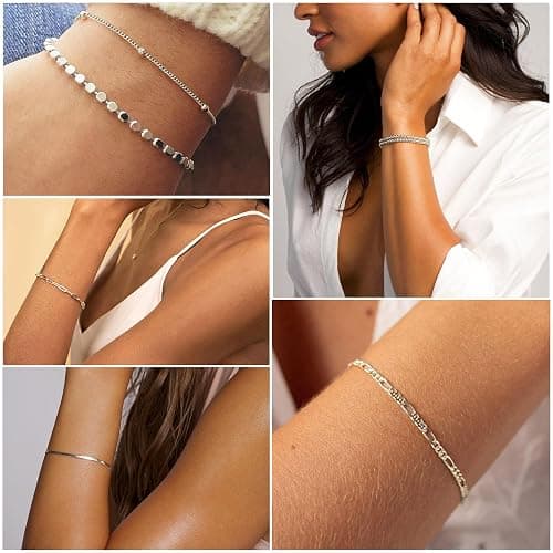 DEARMAY Dainty Silver Plated Chain Bracelets for Women Trendy, Waterproof Silver Jewelry Sets Fashion Stackable Beaded Figaro Herringbone Paperclip Chain Bracelet Pack Stack Gifts thumbnail 6