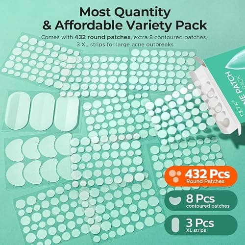 TKTK 443 Count Pimple Patches for Face, Hydrocolloid Acne Cover Patch Bulk | Pimple Stickers for Cheeks, Forehead, Chin Blemishes Zit & Breakouts, All Skin Types, Dots, Strips, Contoured 5 Sizes Variety thumbnail 2