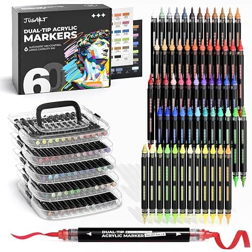 JusArt Automatic Ink Control Acrylic Paint Markers,60 Colors Dual Tip with Broad Tip and Brush Tip Pens for Ceramic, Wood, Canvas, Glass, Stone, Fabric, Rock Painting, DIY Crafts Art Supplies Kit - Image 1