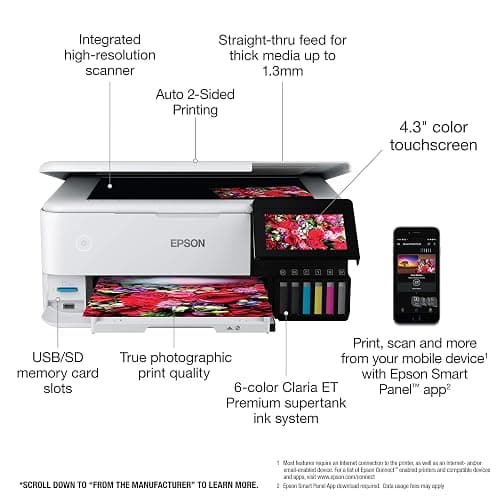 Epson EcoTank Photo ET-8500 Wireless Color All-in-One Supertank Printer with Scanner Copier, Ethernet and 4.3-inch Colorfull Touchscreen - White thumbnail 4