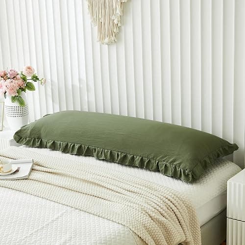 Shabby Chic Olive Green Body Pillow Cover - 20x54in Long Pillowcase with Ruffled Fringe Decor thumbnail 5