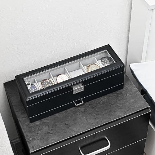 ProCase Watch Box for Men, 6 Slot Watch Display Case with Drawer, Mens Watch Case With Glass Lid, 2-Layer Jewelry and Watch Storage Watch Holder Organizer for Men Women -6 Slot, Black - 6-Slot - Black thumbnail 7