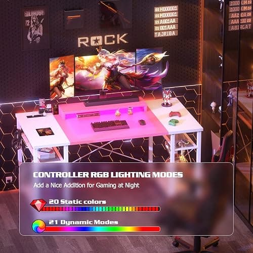 Armocity Computer Desk with LED Lights, 55 Inch Desk with Power Outlet and USB, Reversible Large Desk with Moveable Monitor Stand, 55.2'' Gaming PC Table for Home Office, Workstation, Pink and White thumbnail 5