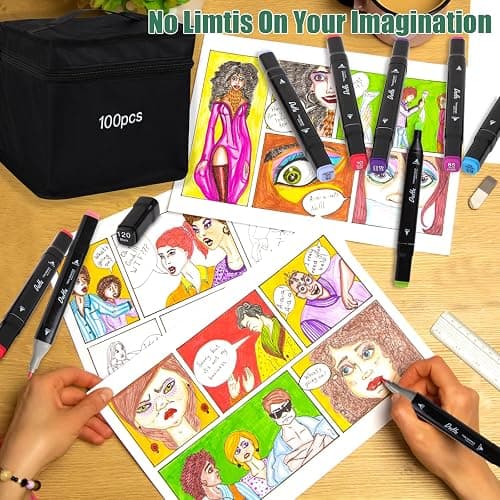 Kebuye 100 Colors Alcohol Markers Set, Dual Tips Blender Art Markers for Drawing Sketching Coloring Artist Pens and Underlining, Professional Permanent Sketch Markers for Kids Adult Coloring thumbnail 2