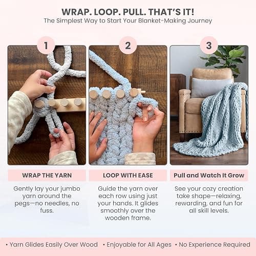 Looma 46" Wooden Loom Frame for DIY Throw Blankets Chunky Knit Blanket Kit – Adjustable Size Hand Knitting Kit – No Needles Required – Beginner-Friendly Yarn Craft for Home Decor & Stress Relief thumbnail 2