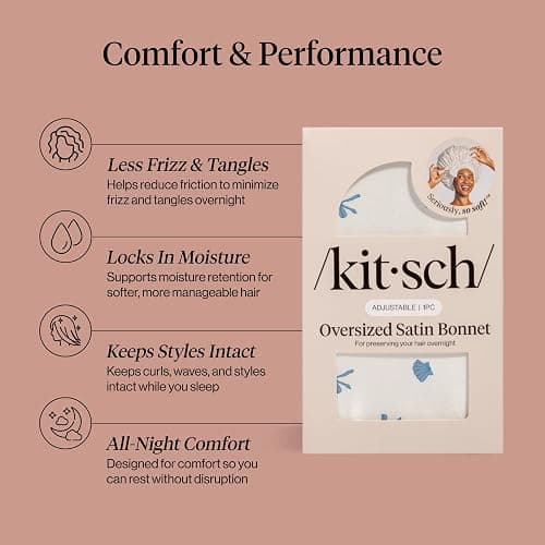 Kitsch XL Satin Bonnet for Sleeping - Softer Than Silk Bonnet For Sleeping Women, Secure Fit Adjustable Night Cap For Curly & Textured Hair & Prevents Breakage - Pearlized Cream & Coastal Blue Print thumbnail 3