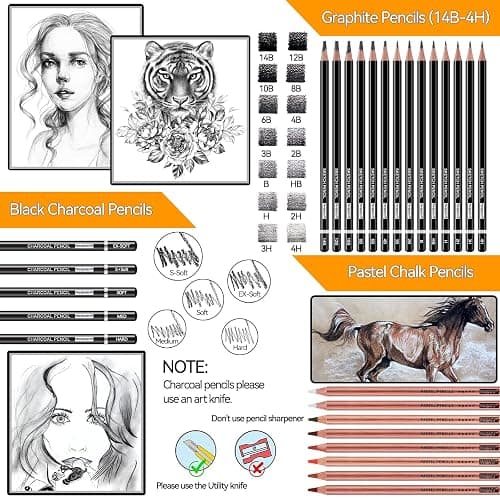 PANDAFLY Drawing Sketching Pencil Set, 42 Pack Pro Art Pencil Kit with Graphite Pencils (14B-4H), Charcoal Pencil, Ideal for Shading, Blending, Drawing Set for Beginners & Pro Artists thumbnail 4