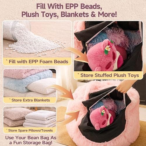 Pink fluffy bean bag chair covers (No Filler), comfy Plush Pink bean bag chair Cover for bedroom, stuffed animal Storage, kids adults teens girls bean bag chairs, Anti-Slip thumbnail 3