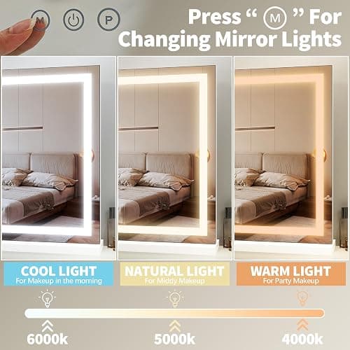 FENNIO 23" x 18" Vanity Mirror with Lights，LED Makeup Mirror，Hollywood Mirror with 3 Color Modes & Adjustable Brightness，Vanity Mirror Square White thumbnail 3