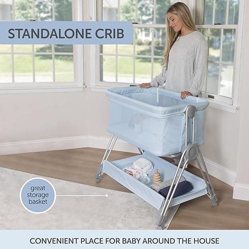 KOOLABABY Baby Bedside Sleeper - Bassinet & Bedside Crib with Height Adjustment & Wheels - Can Be Placed Next to Bed - Attaches to Parents Bed - Easy to Fold & Carry Bassinet for Boys (Blue) thumbnail 7