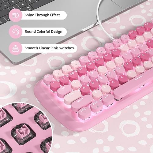 iRoboosta Pink Creamy Mechanical Gaming Keyboard, Aesthetic w/White Backlit, 84 Keys Cute Retro Typewriter Computer Keyboard Wired, Round Keycaps for Windows/PC/PS5 thumbnail 4