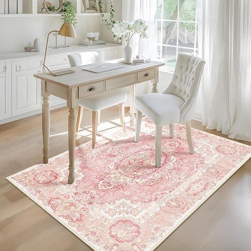Castage Boho Washable Area Rug 3x5, Vintage Floral Low Pile Non Slip Rug for Bedroom Living Room Entryway, Soft Farmhouse Decorative Carpet,Blush Pink thumbnail 4