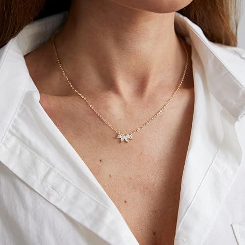 LEXODY Diamond Necklace for Women, Dainty 14k Gold Plated Flower Necklace | Simple CZ Leaf Pendant Choker Necklaces Trendy Non Tarnish Waterproof Chain Jewelry Gift thumbnail 2