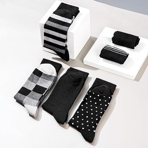 GLENMEARL Mens Dress Socks 6 Pack, Classic Patterned Black Combed Cotton Casual Mid Calf Socks for Men, Size 10-13 thumbnail 4