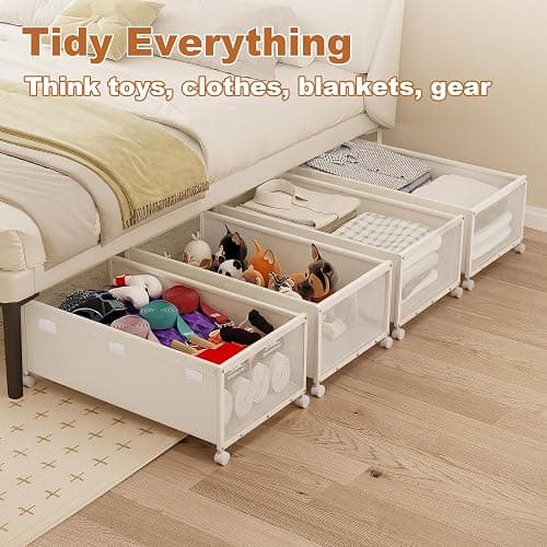 Fokyfok 2PC Under the Bed Storage Containers,12 inch Height Under Bed Shoe Storage,31inch Long Underbed Storage with Wheels,Large Rolling under bed Clothes Storage Drawers with Lid for Dorm Tall,Ivory thumbnail 6