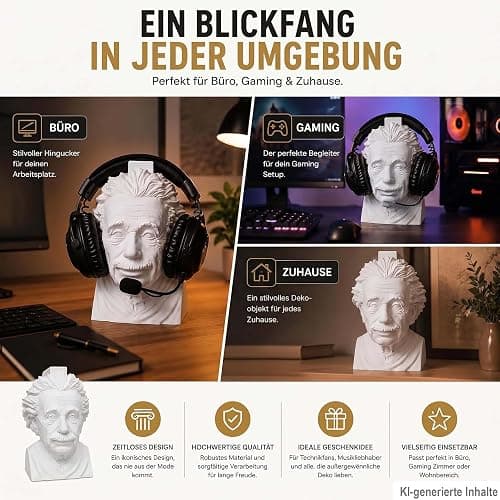 R-Satz Shop Einstein Kopfhörerhalter – Headset Ständer für Kopfhörer & Headsets – Büste Schreibtisch Deko & witziges Geschenk – Headphone Stand für Büro, Setup & Gaming thumbnail 3