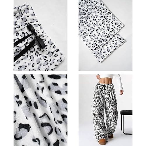 Leopard Women's Fuzzy Pajama Pants - Y2k Cheetah High Waisted Fluffy Pants (White, L) thumbnail 4