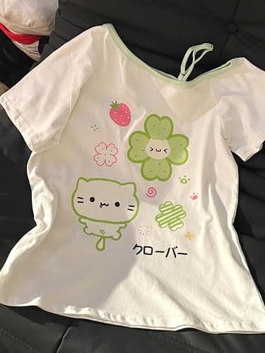 Womens Y2K Off Shoulder Kawaii T-Shirt Suit Hrajuku Plaid Ruffled Lace Pumpkin Short Pants Cute Cat Graphic Tops thumbnail 6